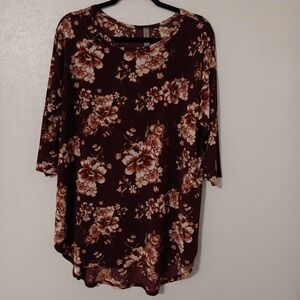 Honeyme Curvy Women's Tunic Blouse Sz XL Maroon Floral‎ 3/4 Sleeve